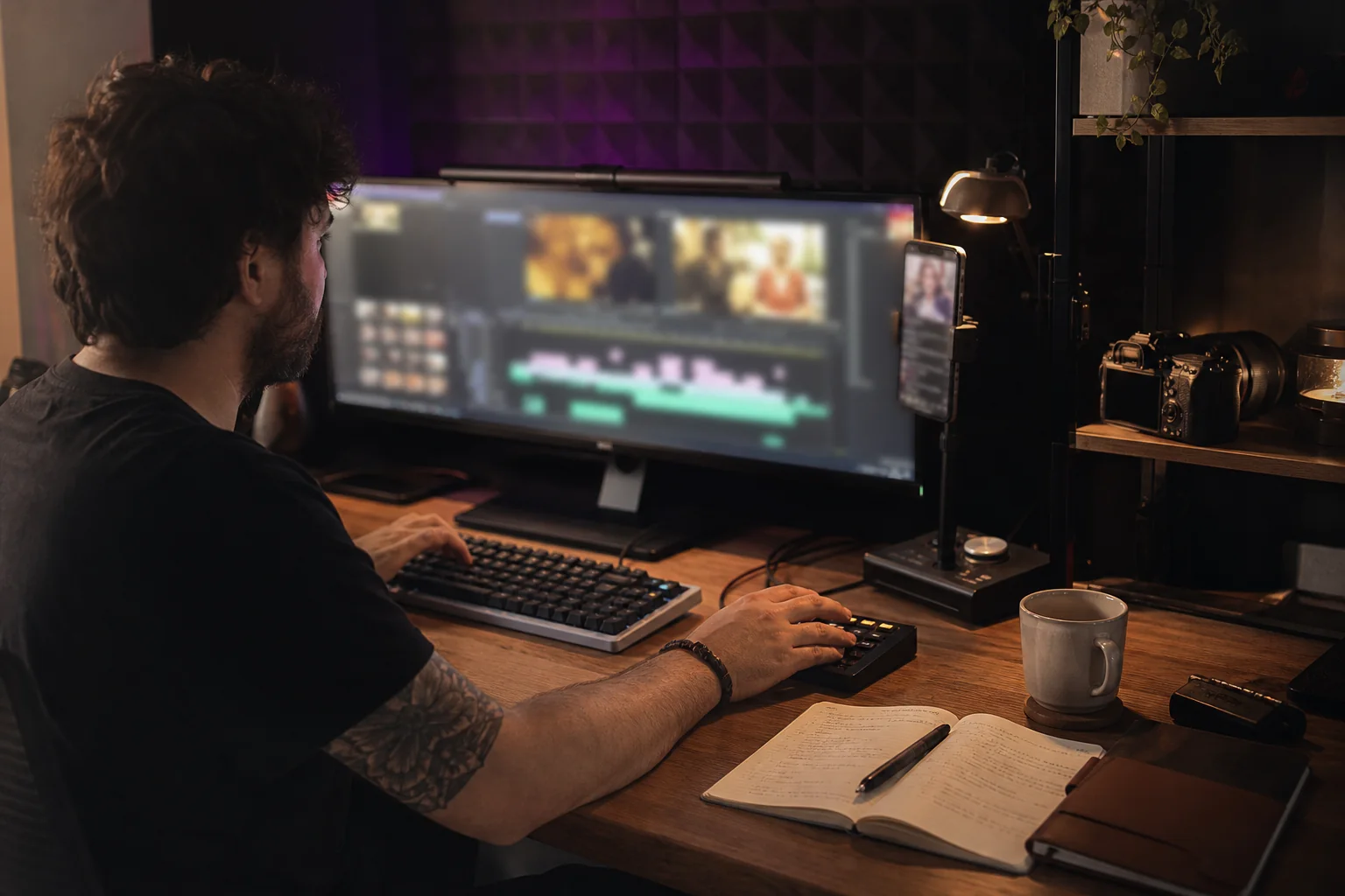 Streamer bearbeitet Videomaterial an seinem Arbeitsplatz